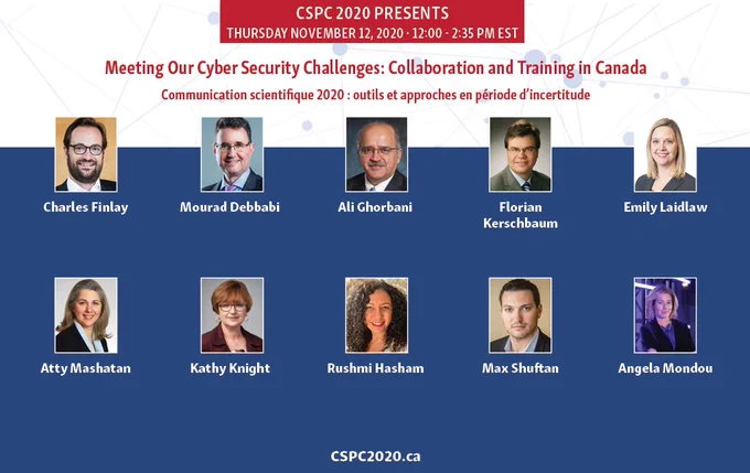 CSPC 2020 banner, featuring the moderators and guest speakers of the Meeting Our Cyber Security Challenges Symposium