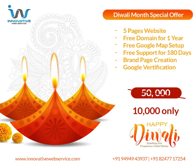 Diwali Month Special Offer - Web designing
• 5 pages of the website
• Free domain for 1 year
• Free Google Map Setup
• Free Support for 180 Days
• Brand Page Creation
• Google Verification