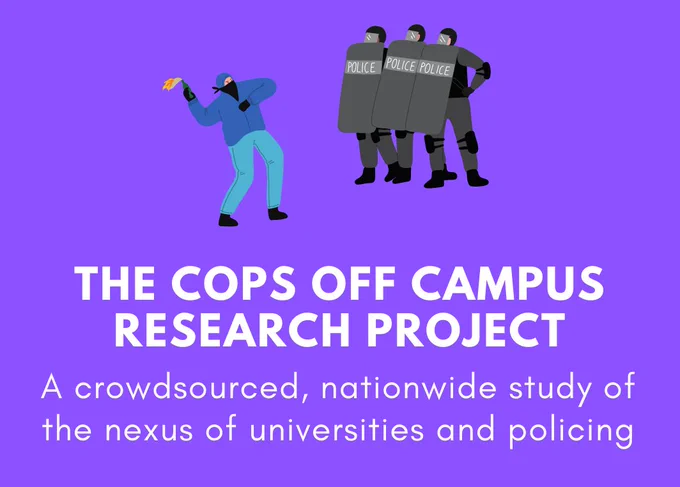 Image with a purple background, a vaguely cartoonish image of a denim-clad protestor throwing a lit molotov cocktail at three riot police. The text below reads "The Cops Off Campus Research Project: A crowdsourced, nationwide study of the nexus of universities and policing." 