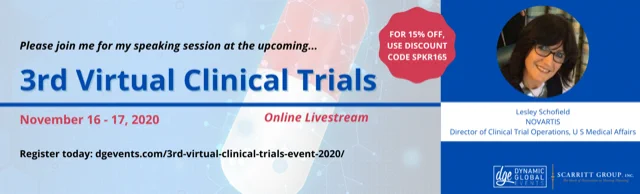 Promotional image for Lesley Schofield's presentation at the 3rd Virtual Clinical Trials event.