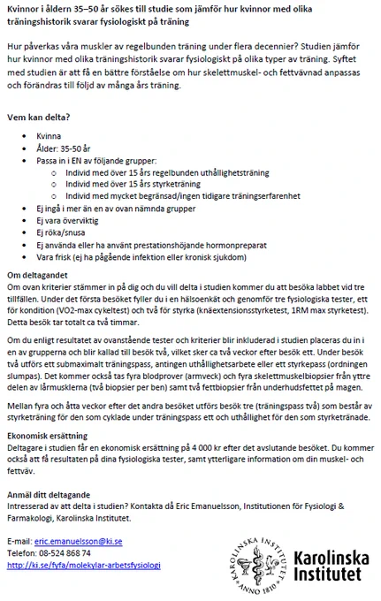 SÖKES: Kvinnor som vill delta i en träningsstudie. 

Nu söker vi kvinnor med olika träningsbakgrund som vill delta i vår kommande studie. Är du intresserad eller känner någon som är intresserad? Kontakta då mig på eric.emanuelsson@ki.se. Mer info finner ni via denna länk: https://nyheter.ki.se/kvinnor-i-aldern-35-50-ar-sokes-till-studie-som-jamfor-hur-kvinnor-med-olika-traningshistorik

Dela/RT gärna! 