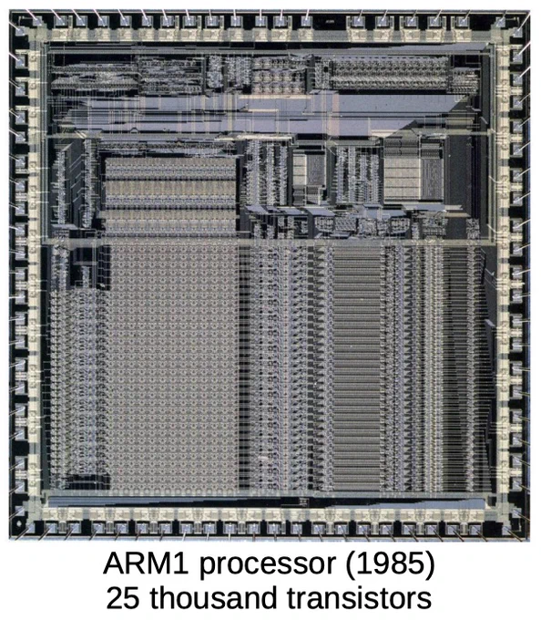 Die photo with caption "ARM1 processor (1985), 25 thousand transistors"