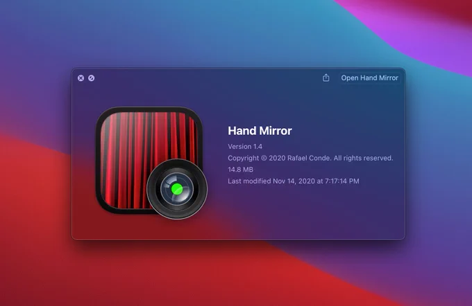 Screenshot of the macOS Spotlight view of an updated version of the app Hand Mirror, with an updated app icon in the Big Sur style