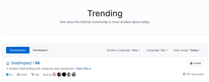 Trending screen of the Go language on GitHub shows k6 to be the number one trending project.