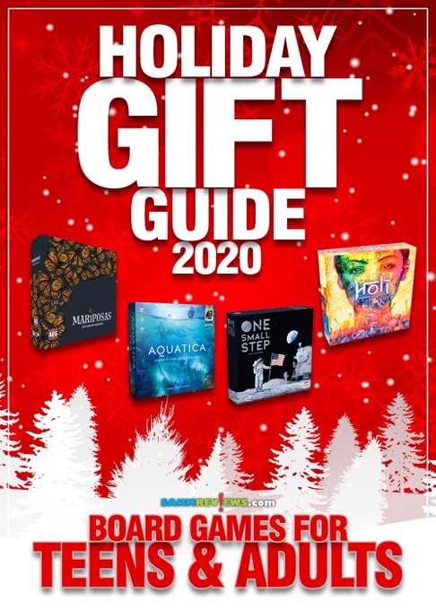 Teens and adults can be difficult to shop for, but games always make great gifts. The trick is to finding ones that are more appropriate for their age. This gift guide is filled with games for teens and adults! 

Image description: Red background with silhouette white trees across the horizon. Text includes Holiday Gift Guide 2020 in large white print on the top; Board Games for Teens & Adults in red text across the bottom. In the center between the two sets of text are four images of games. From left to right are Maripossas from Alderac, Aquatica by Arcane Wonders, One Small Step from Academy Games and Holi: Festival of Colors by Floodgate Games.