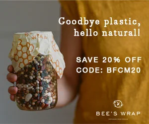 Bee's Wrap Black Friday sale promotional text and image of a jar of raw beans covered with reusable beeswax wrap. The promotion text says "save 20% off sitewide" with code BFCM20 