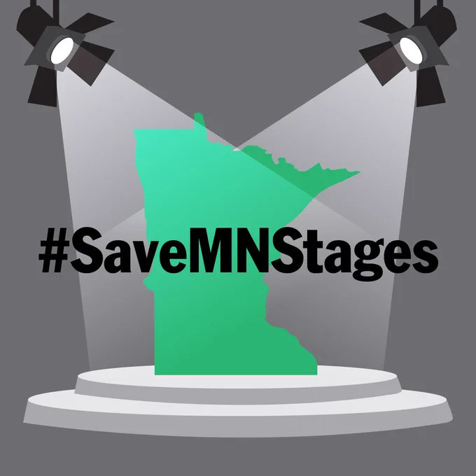 Two stage lights illuminating the outline of Minnesota on a platform. There is text over the graphic that reads #SaveMNStages 