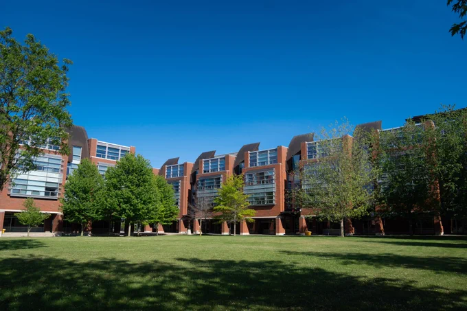 A view of Polonksy Commons during the summer. The trees are green and full. 
