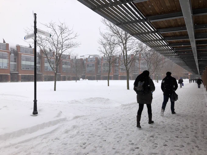 A view of Polonsky Commons in the winter. Students are walking head down as the snow is blowing. The grass is covered in snow and the trees are bare. 