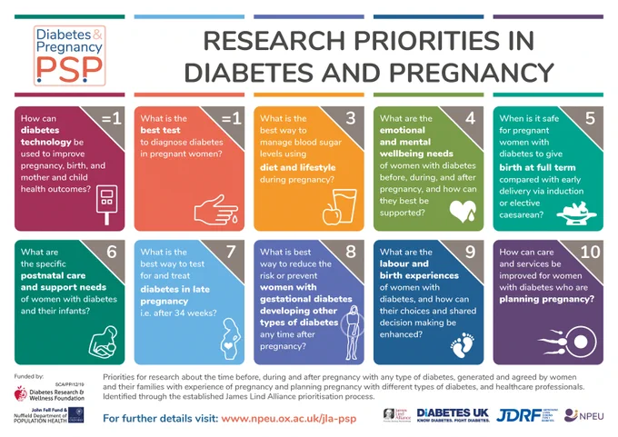 Image of the top 10 questions for research in diabetes and pregnancy according to women, their families and healthcare professionals. The full list can be accessed at our website: https://www.npeu.ox.ac.uk/jla-psp