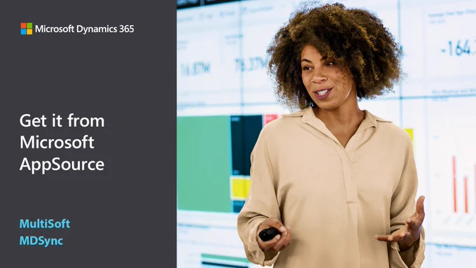 Text reads "Get it from Microsoft App Source. Multi soft, M D  Sync." Person giving a presentation with data.