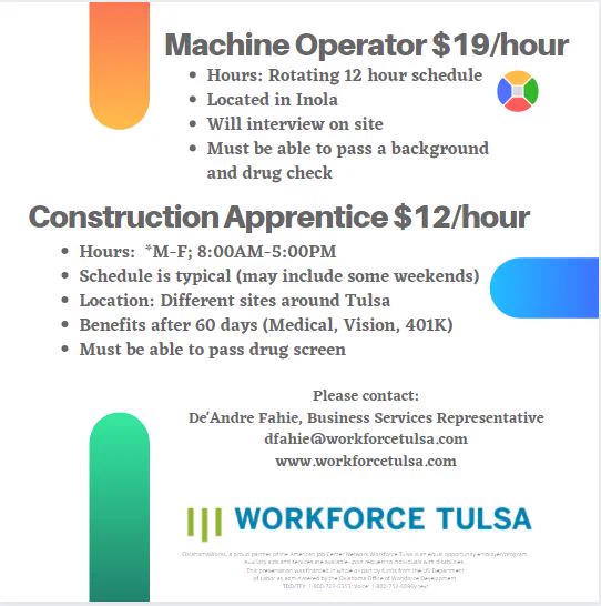 Machine Operator and Construction Apprentice positions. 