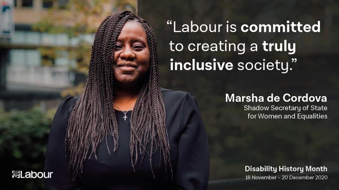 Picture of Marsha de Cordova, Shadow Secretary for Women and Equalities with a quote, "Labour is committed to creating a truly inclusive society."