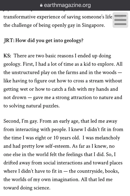 A screenshot of an interview w/ Kerry Sieh where he is asked why he got into geology and his answer is “first of all I had a lot of time to explore as a kid and second I’m gay.” It’s from an interview in earth magazine called “down to earth with Kerry Sieh”