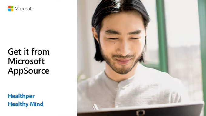 Text reads "Get it from Microsoft App Source. Healthper, healthy mind." Person using a laptop.