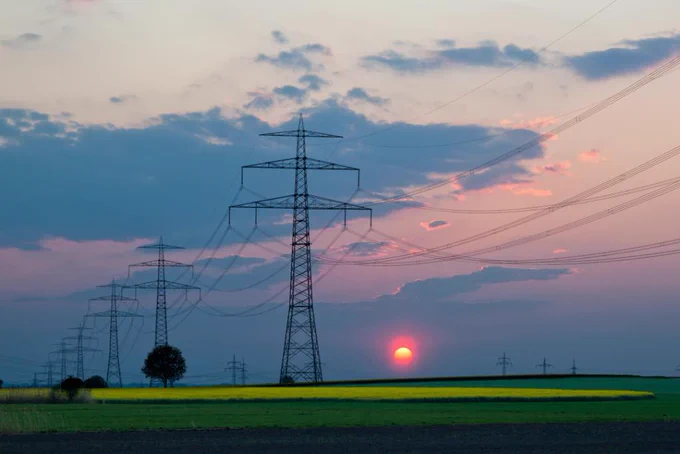 Electricity pylons at dusk