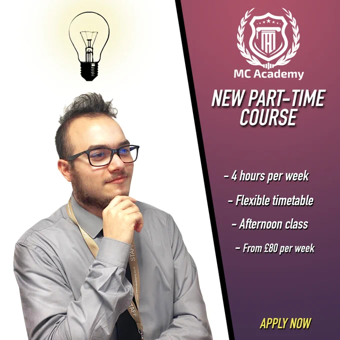 New Part-Time Course
4 hours per week
Flexible timetable
Afternoon class
From £80 per week