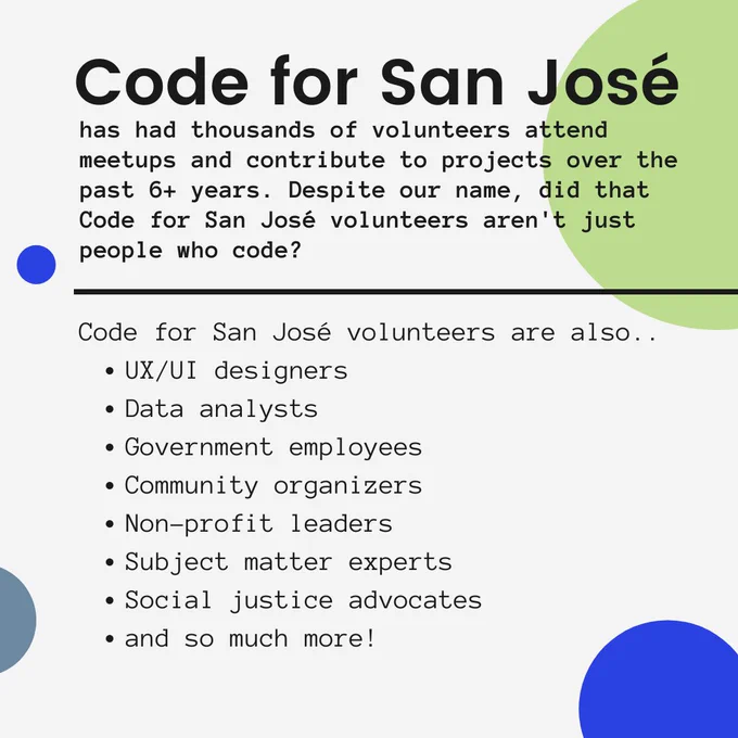 Code for San José informational volunteer flyer, black text, green and blue bubbles against off white background