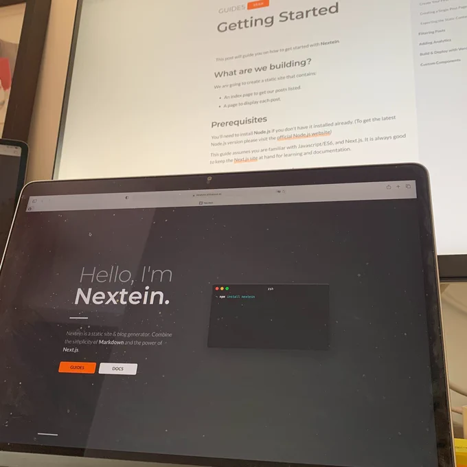 Nextein Site Loaded in full screen and Docs on second monitor.