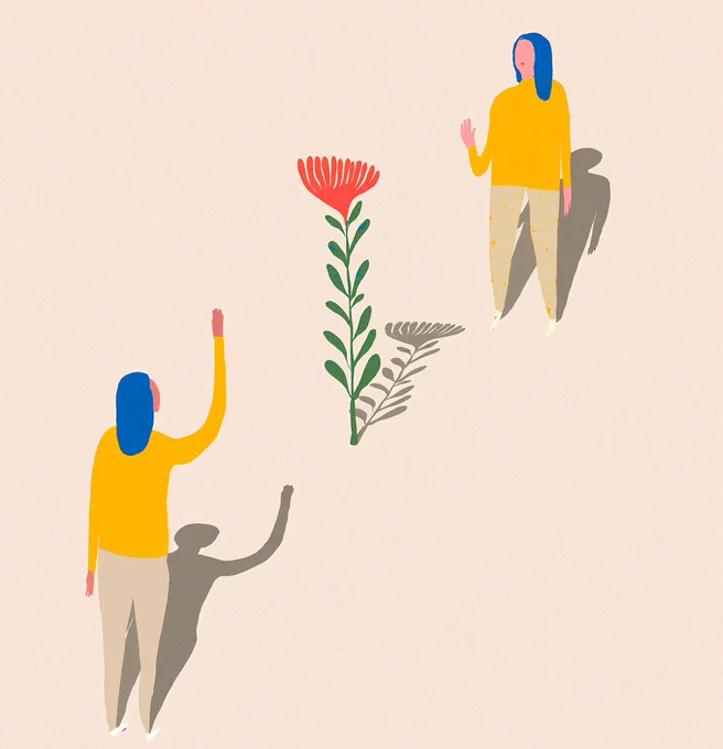 Illustration was created by visual artist Daniel Barreto - it shows a drawing of 2 people having a socially distant conversation next to a flower