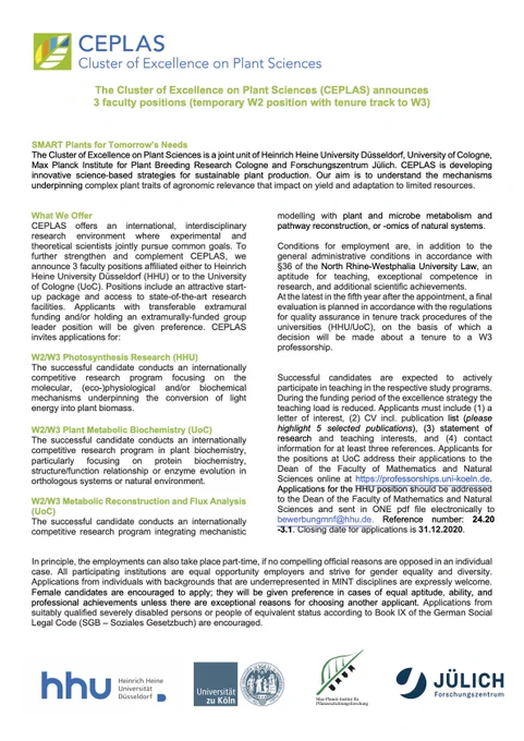 Three tenure track professor positions in plant science Uni Cologne, Heinrich Heine University, CEPLAS