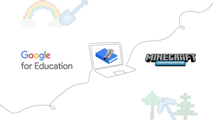 Google for Education logo and Minecraft logo with laptop drawing in between them