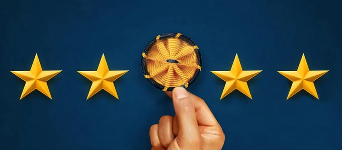 Four gold stars displayed against a blue background featuring a hand holding the gold and blue American Association for the Advancement of Science rosette pin representing science and engineering, respectively
