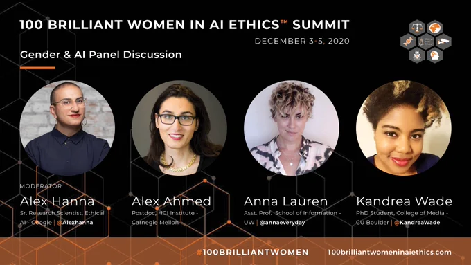 100 Brilliant Women in AI Ethics Summit: December 3-5, 2020. Gender & AI Panel Discussion. Alex Hanna (Moderator) Senior Research Scientist, Ethical AI - Google. Alex Ahmed, Postdoc, HCI Institute - Carnegie Mellon. Anna Lauren, Asst. Prof.  School of Information - UW. Kandrea Wade, PhD Student, College of Media - CU Boulder. #100BrilliantWomen 100BrilliantWomenInAIEthics.com