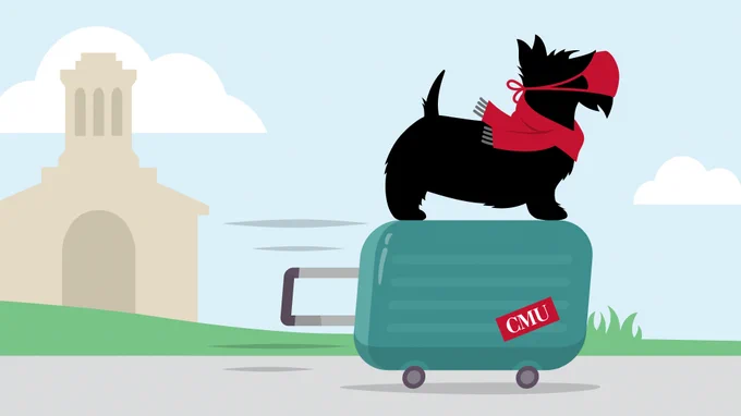 A graphic showing Carnegie Mellon's mascot Scotty on top of a suitcase rolling around campus. Scotty is also wearing a mask and scarf.