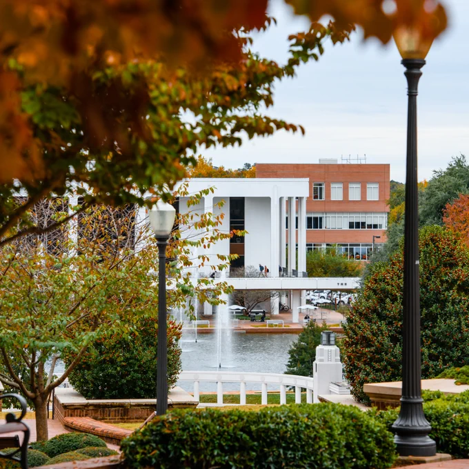 Photo of Clemson's Cooper Library during the fall. 