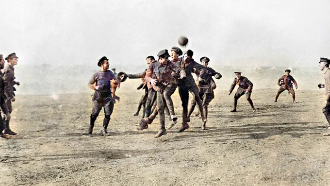 Officers and men of 26th Divisional Ammunition Train playing football in Salonika, Greece on Christmas Day in 1915.