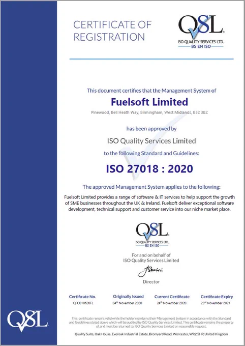 Fuelsoft - ISO 27018 Certificate