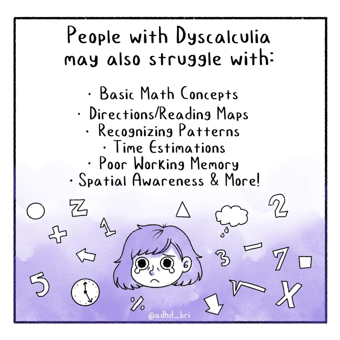 Comic Panel 3: Caption says "People with Dyscalculia may also struggle with: Basic math concepts, directions/reading maps, recognizing patterns, time estimations, poor working memory, spatial awareness & more!" Image shows a teary eyed main character surrounded by numbers and symbols. 