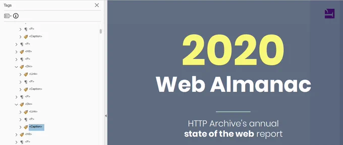 2020 web almanac PDF opened in Acrobat, showing the PDF tags generated from the source HTML