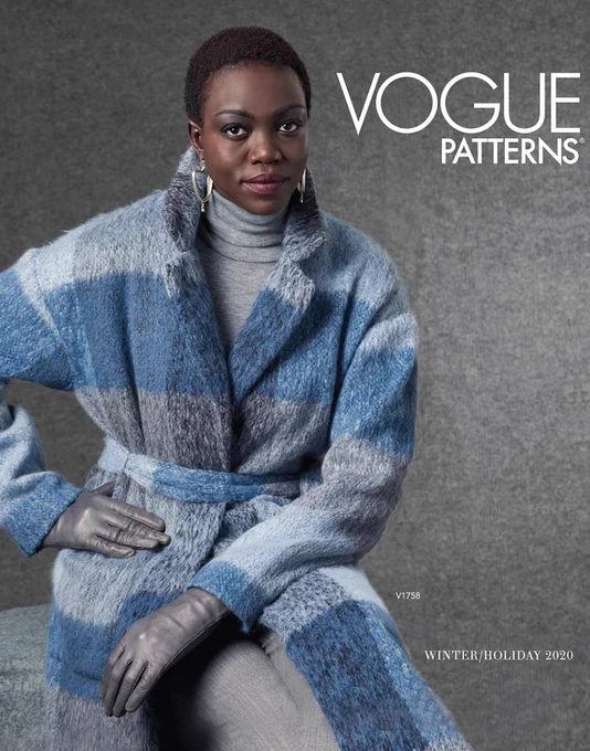 Vogue Patterns Winter/Holiday 2020 catalogue cover: model in blue and gray check mohair coat made from Vogue pattern 1758