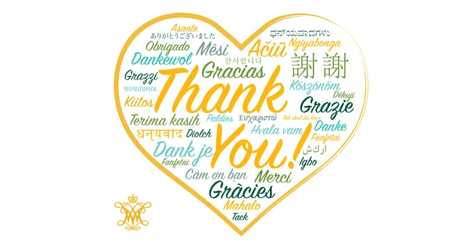 A graphic of a heart filled with "thank you" in numerous language.