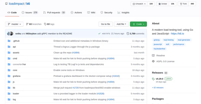 GitHub page of the k6 project showing 10k stargazers.