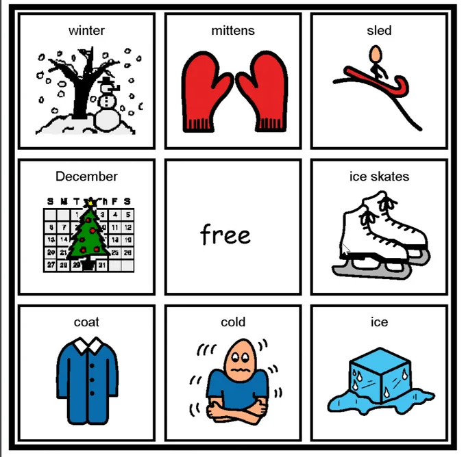 Communication board with winter-themed vocabulary and corresponding images. For example mittens, sled, ice skates, cold.