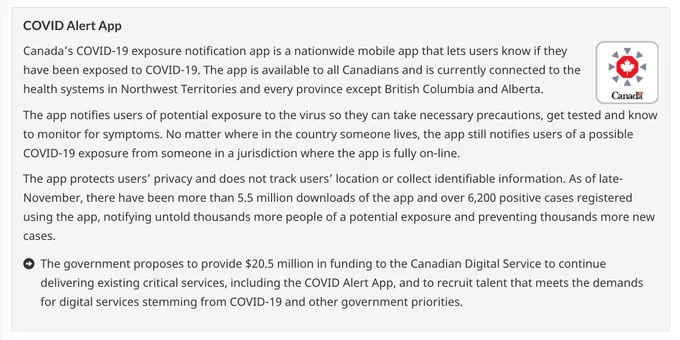 A screenshot of the COVID Alert App section of the Fall Economic Statement.
