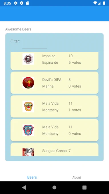 El emulador ejecutando una mini app de demo (que muestra una lista de cervezas)