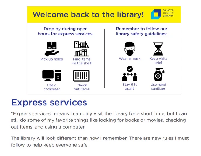 A graphic that reads "Welcome back to the library! Drop by during open hours for express services. Remember to follow our library safety guidelines."