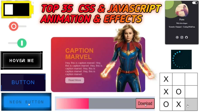 TOP 35 CSS and JavaScript Animation and hover effect..
I hope you like it and don't forget to subscribe my channel and share...
https://youtu.be/6SU-xRSIMYY


#html #css #javascript #webdesign #frontend #coding #programs #onlinetutorial #csseffect #cssanimation #hoverefdects