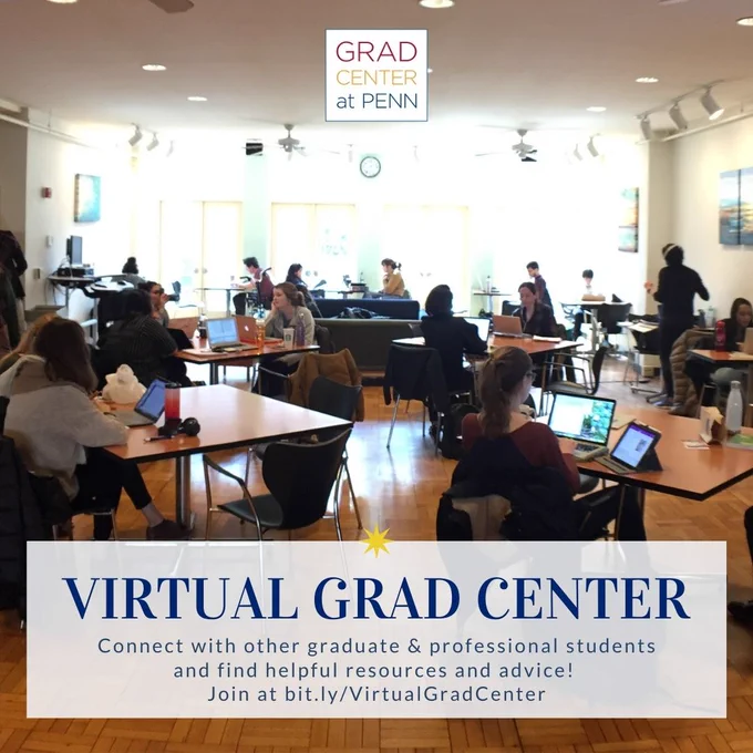 Photo of Grad Center first floor interior with people sitting at tables with text in white box: "Virtual Grad Center. Connect with other graduate & professional students and find helpful resources and advice! Join at bitl.ly/VirtualGradCenter"