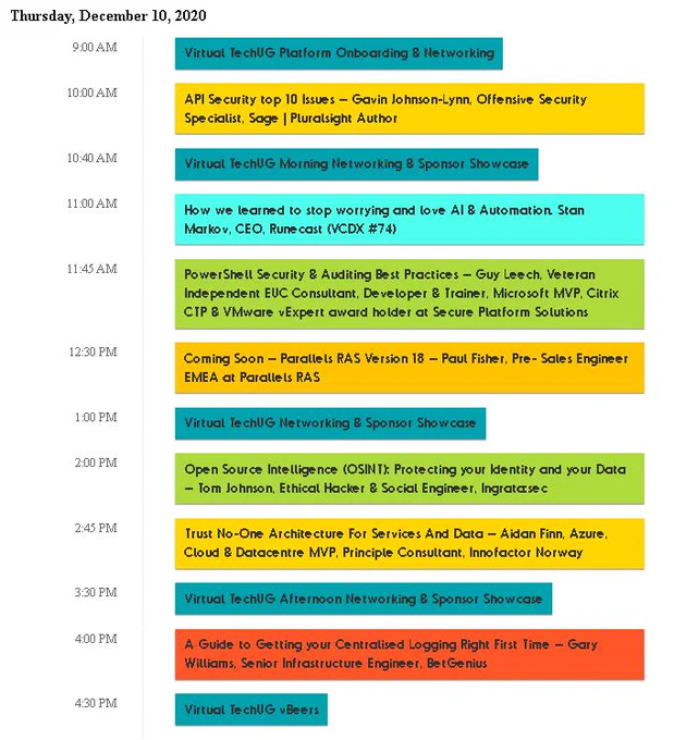 Virtual TechUG Community Event agenda for Thurs 10th December