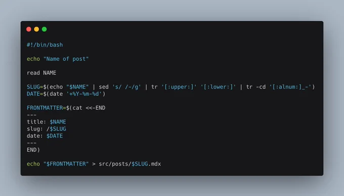 Small bash script to generate posts. See the link in the tweet body for the blog post that includes a text version of the code.