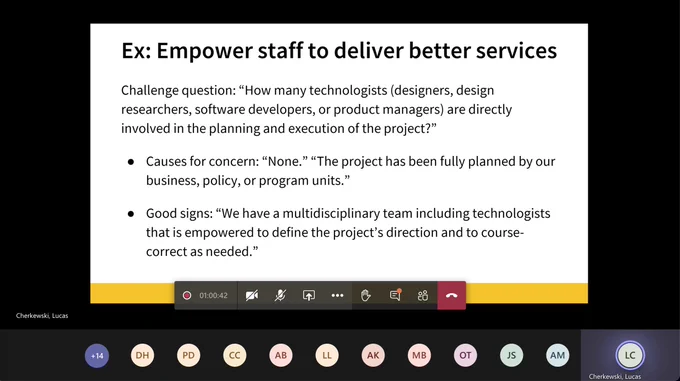 MS Teams screenshot titled, "Ex: Empower staff to deliver better services" with examples of good and bad responses.