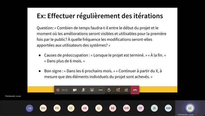 MS Teams screenshot titled, "Ex: Effectuer régulièrement des itérations" with examples of good and bad responses.