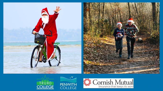 On the left, someone is riding a bike at the beach dressed in a Father Christmas costume. On the right, two children are running through the woods with Christmas hats and jumpers on.