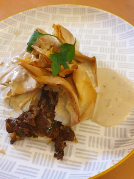 mushroom and rice stuffed filo pastry with creme fraiche sauce