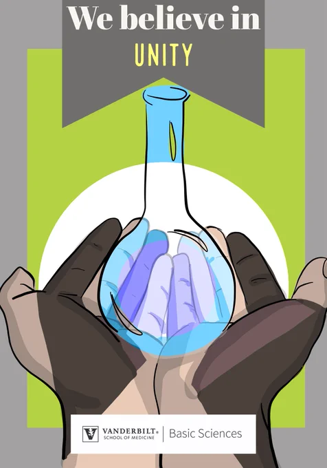 Two hands (shaded in different skin tones) holding a round-bottom flask (blue with a violet center). A banner at the top reads "We believe in UNITY." At bottom is the Basic Sciences wordmark.